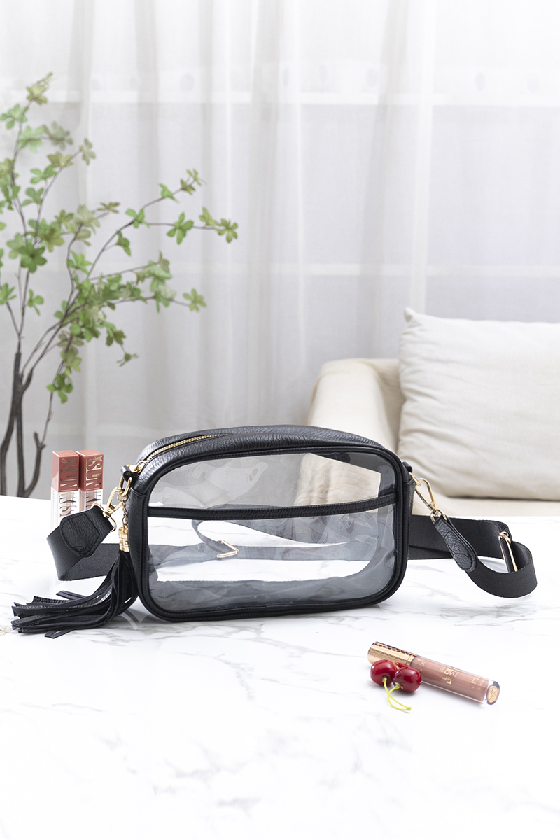 Hot Sell Custom Solid Color Outlined Rectangular Clear Messenger Bag Purse Waterproof PVC Stadium Crossbody Bag with Tassel