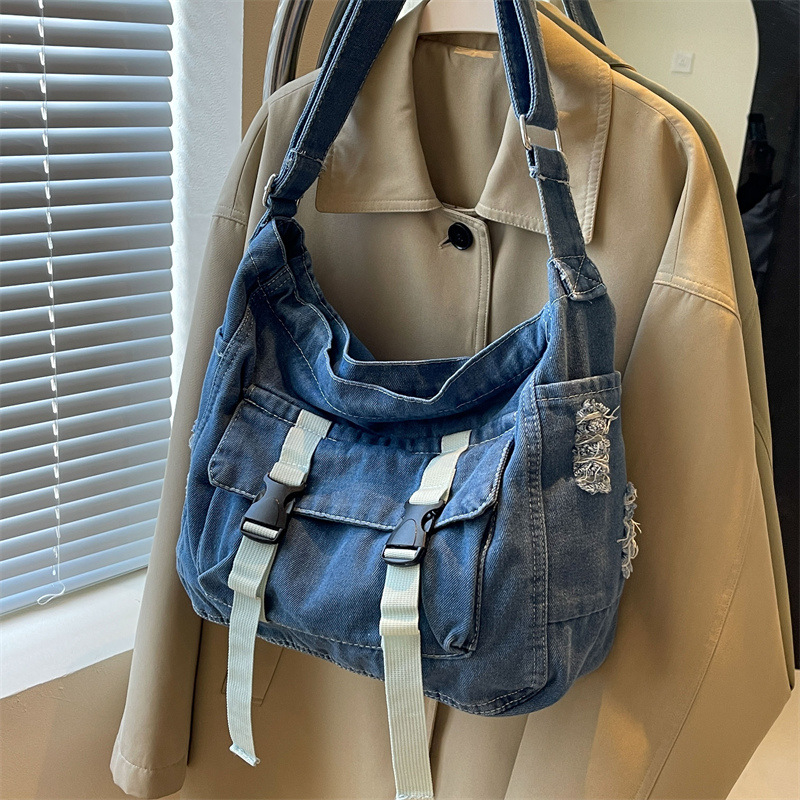 Large Capacity Denim Messenger Bag for Women Crossbody Bag for Students Single Shoulder Tote Bag for Class