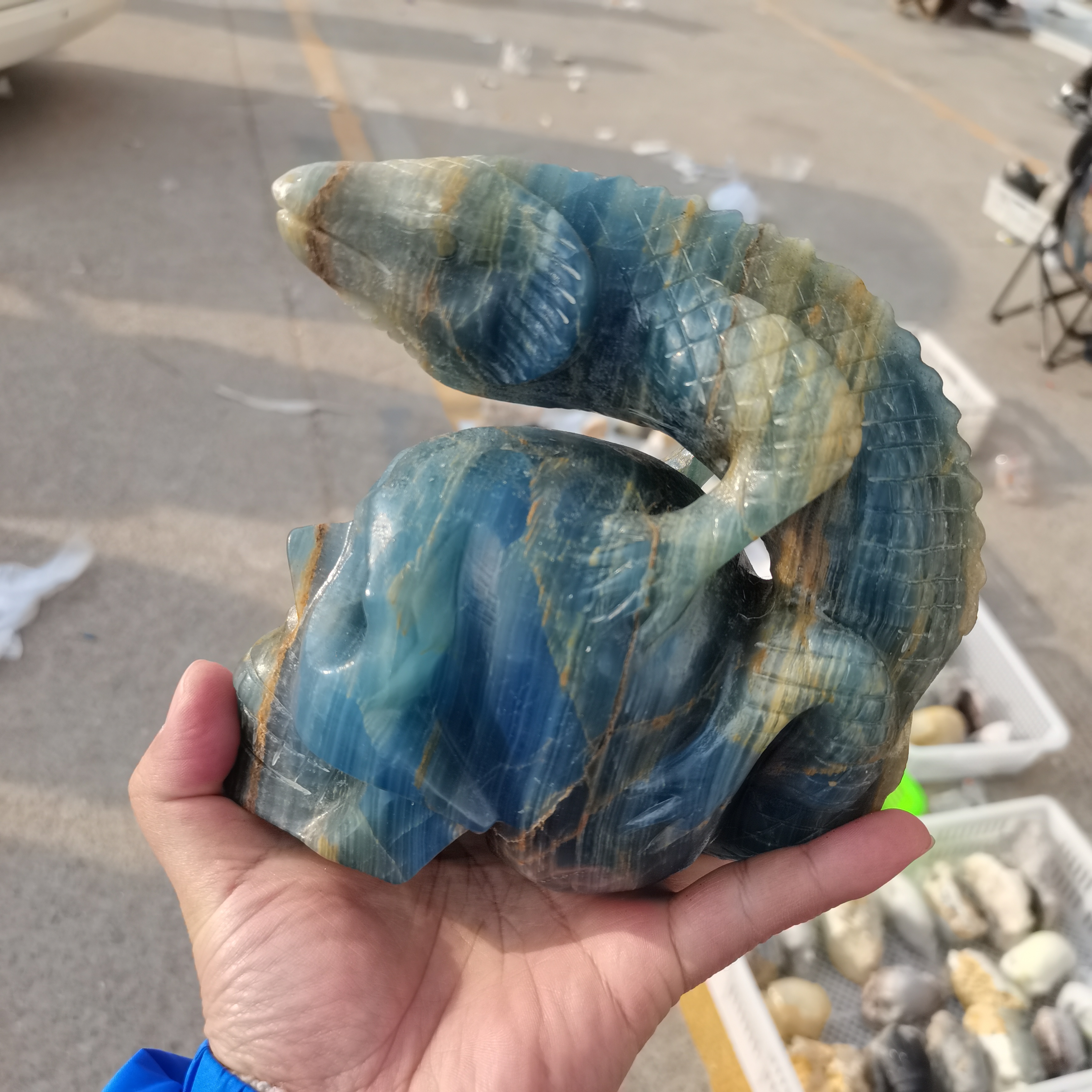 Natural Blue Lux Calcite Lizard Head Skull Figurine Hand Carved Quartz Animal Statue Healing Crystal Stone Home Decoration Craft