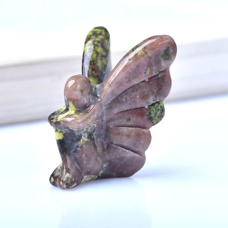 Natural Gemstone Pink Stone Rose Quartz Crystal Carving Butterfly Elf Statu Fairy Sculpture Healing For Reiki Stones Home Decor