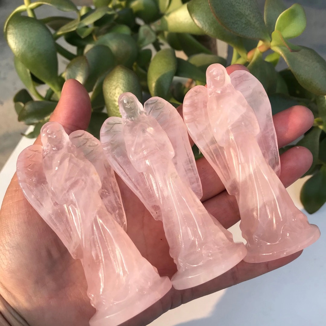 90mm Natural Pink Crystal Angel Statue Stone Carving Pink Crystal Reiki Healing Figurine Home Decoration Trinket Craft Gift 1pcs