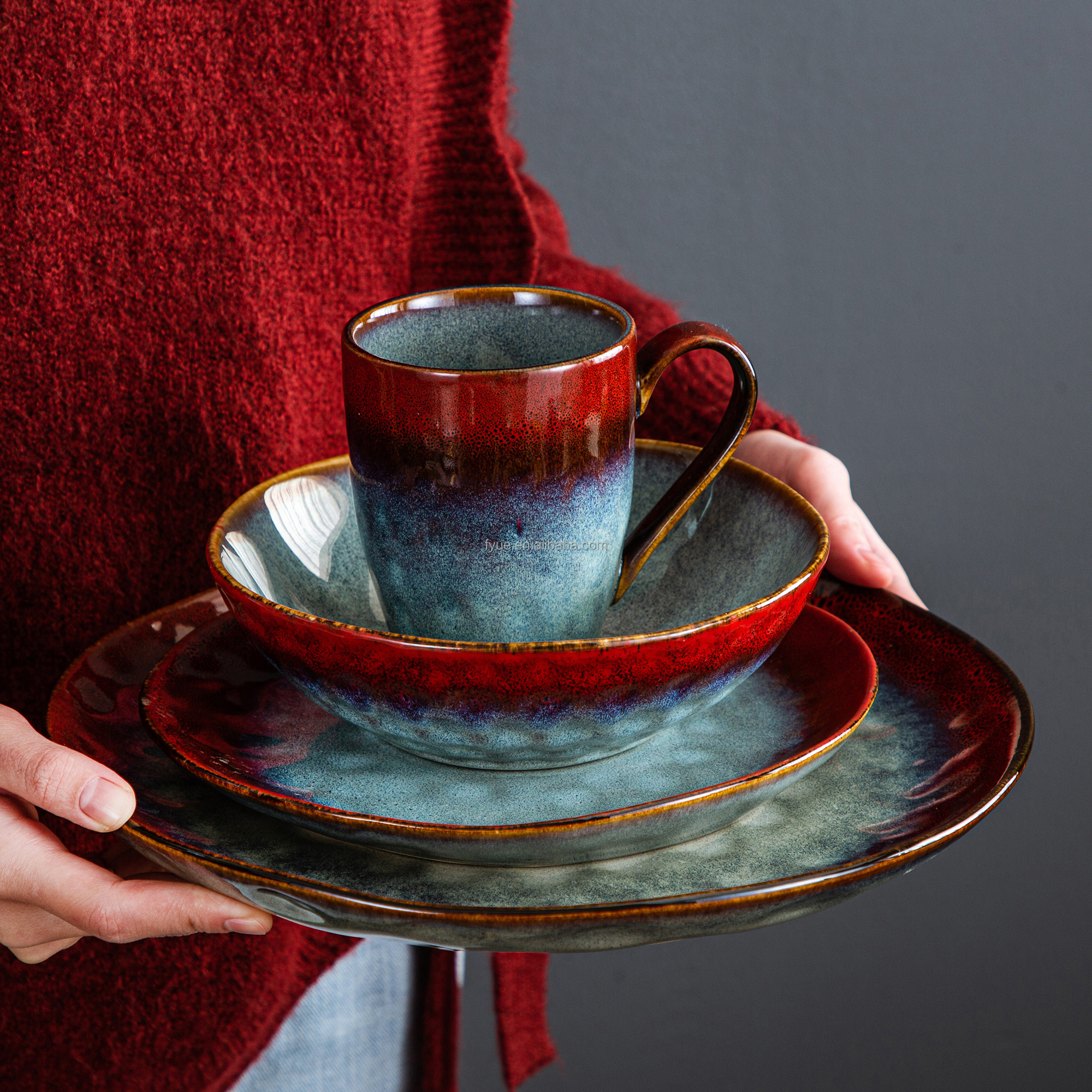 16/32/48-Piece Starry Vintage Porcelain Dinner Set Kiln-Changed Glaze Tableware Red Ceramic Dinner Plate