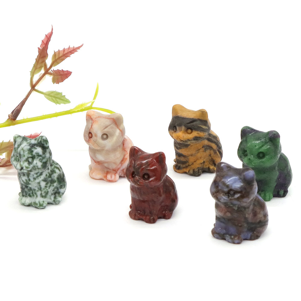 1.2" Cute Cat Statue Natural Stone Crystal Hand Carved Healing Animal Figurine Reiki Gemstone Craft Home Decoration Holiday Gift