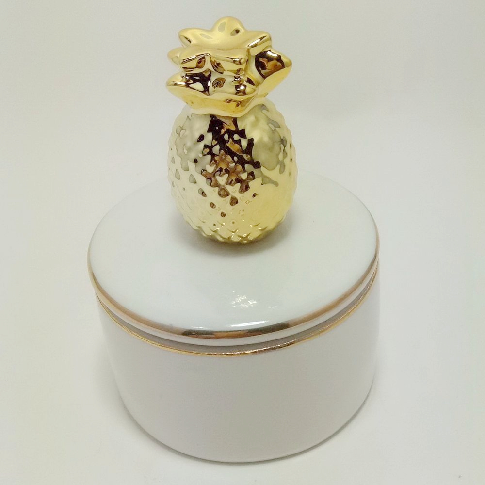 White Ceramic Square Jewelry Box with Gold Line And One Handmade Flower