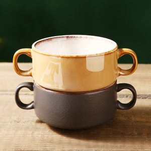 Wholesale Glazed Ceramic Smooth Dinnerware Dining Bowl Japanese Double-ear Small Soup Bowl Dessert Bowl