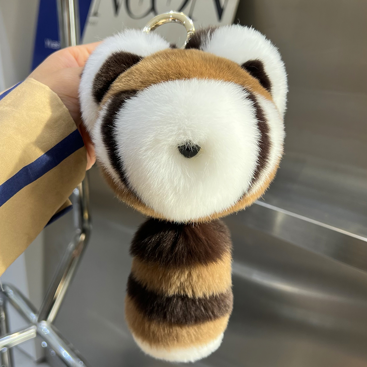 Cute Raccoon Real Rex Rabbit Fur Keychains Child Plush Toy Ornaments Women Bag Car Key Pendant Metal Ring Classic Birthday Gift