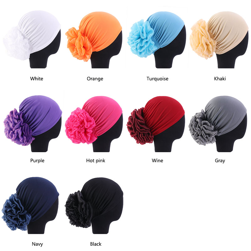 Women's Hijabs Big Flower Turban Hair Accessories Elastic Cloth Hair Bands Hat Beanie Ladies Muslim Solid Hair Loss Scarf Cap