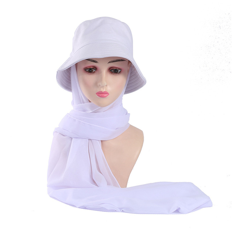 New Muslim Women Bucket Hat With Chiffon Hijabs Summer Sports Cap With Hijab Ready To Wear Instant Hijab Islam Headscarf