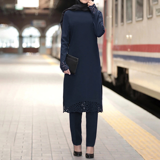 2024 New Stylish Middle East Eastern Islamic Clothing Turkey Muslim Women Long Sleeve Tunic Top Pants 2 Piece Suit Set