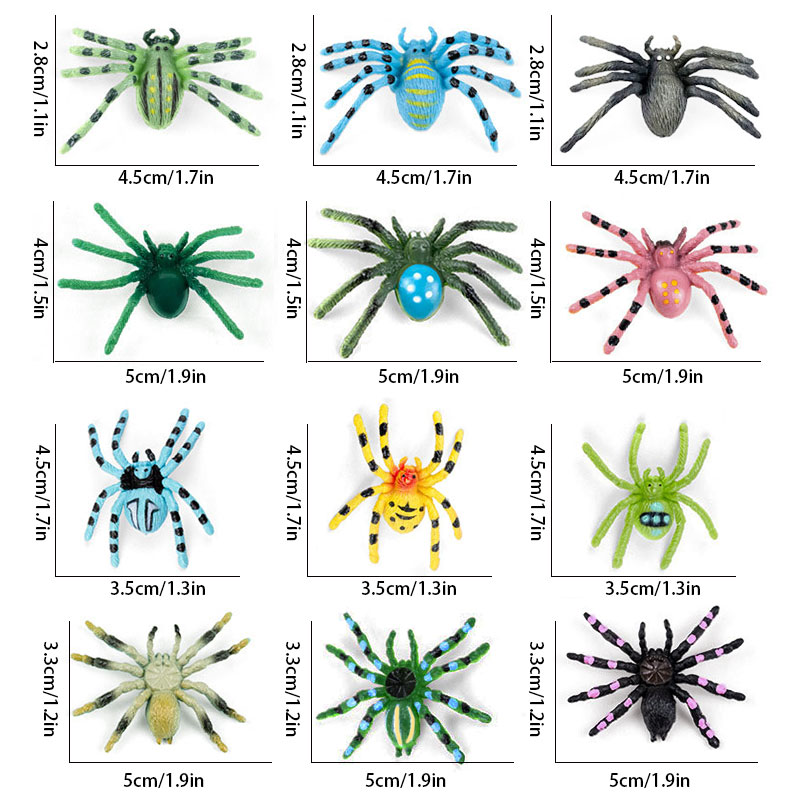 12pcs Mini Colorful Fake Spiders, Festive Plastic Toys,Simulation Small Insect Animals, Used For Halloween Party Fools'Day Decor