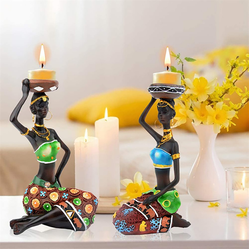 Black Woman Candlestick European Style Decoration Lady Statuette for Interior Sculptures