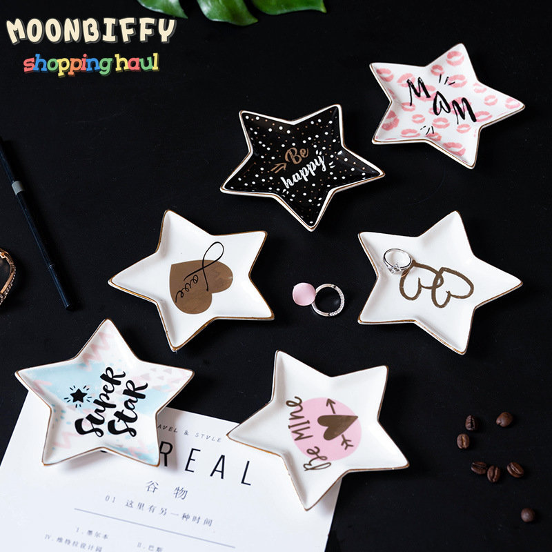 Star-Shaped Ceramic Plate with Glod Rim for Dessert Snack Trinket Jewelry Dish Decorative Tray Table Decoration Gift