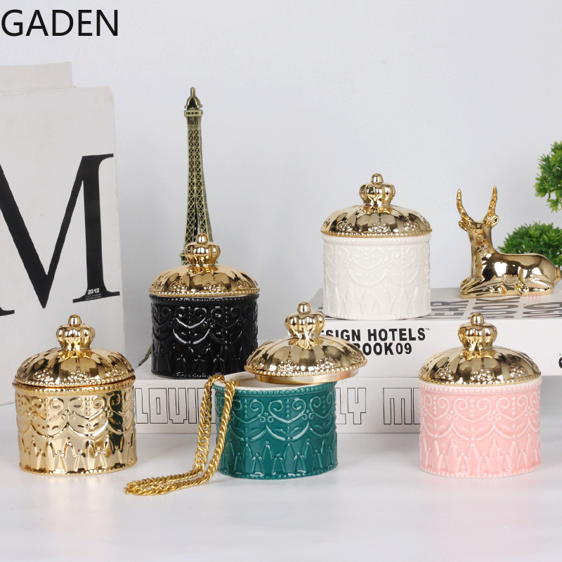 European-style Electroplating Ceramic Storage Jar Display Box Crown Jewelry Box with Lid Desktop Ornaments Home Storage Supplies