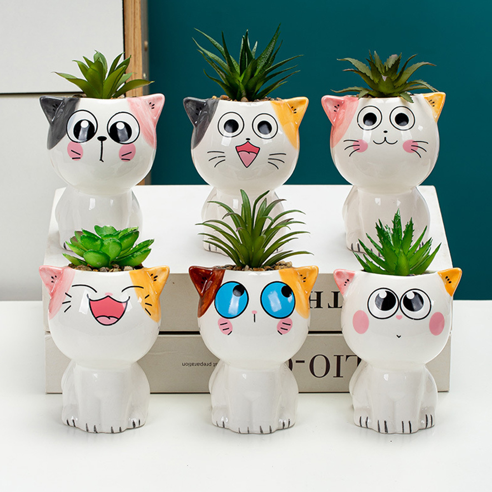 Creative Cartoon Animals Ceramic Flowerpot Cat Shaped Cute Potted Plant Desktop Potted Expression Cat Plant Pot Desk Decorate