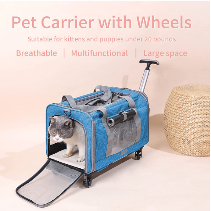 Custom Comfortable Breathable Pet Trolley Carrier Airline Approved With Removable Wheels