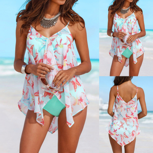 Women 3pcs Tankini Sets Bikini Bottom Plus Size Mesh Layered Swimwear Swimsuits Summer Boho Floral Beach Bathing Suit Bikinis