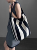 Niche Striped Canvas Bucket Bag for Women, Large Capacity Lazy Style Commuting Tote Bag,2024 New Single Shoulder Large Bag Trend