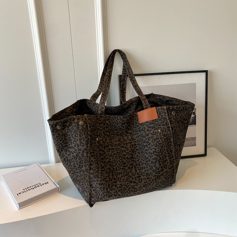 Leopard Pattern Tote Bag Vintage Canvas Shoulder Bag Fashion Big Capacity Handbag For School Work Shopping