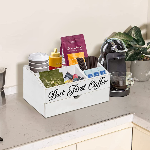 Wholesale White Coffee Bar Station Coffee And Tea Organizer Wood Coffee Pod Holder With Drawer