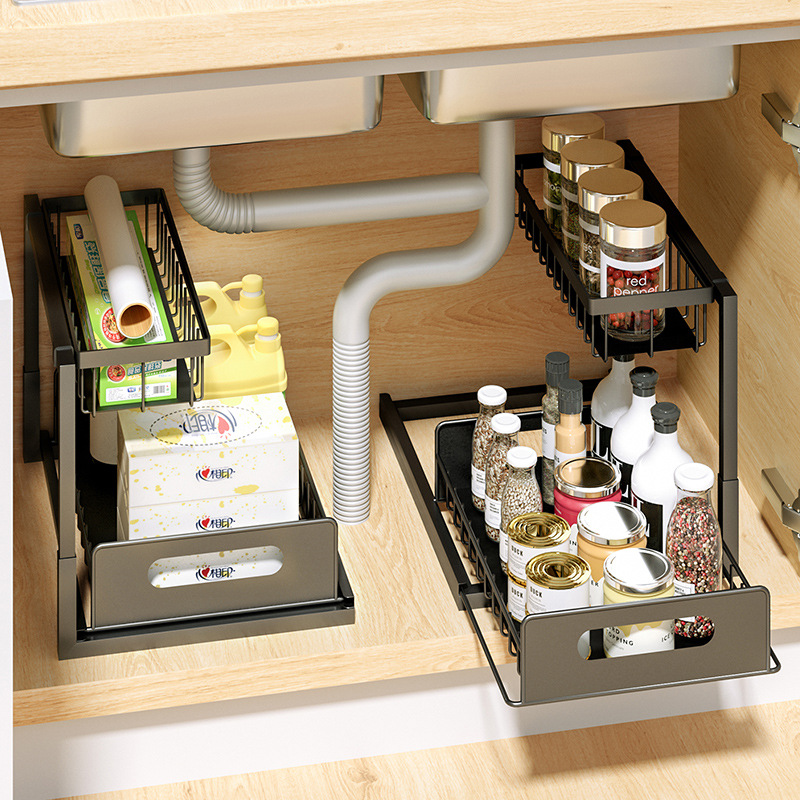 Carbon Steel Storage Holders Racks Spice Racks Kitchen Under Sink Organizers With 2 Tier Sliding Drawer