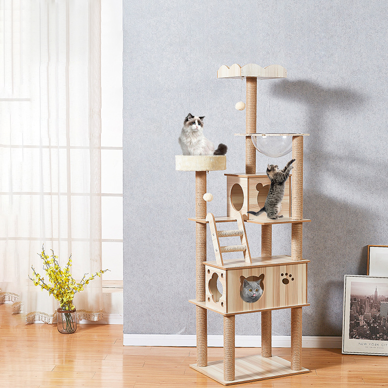 Wholesale Big Luxury Solid Wood Sisal Rope Style Cat House Pet Furniture Cat Trees Modern Wooden Cat Tree Tower