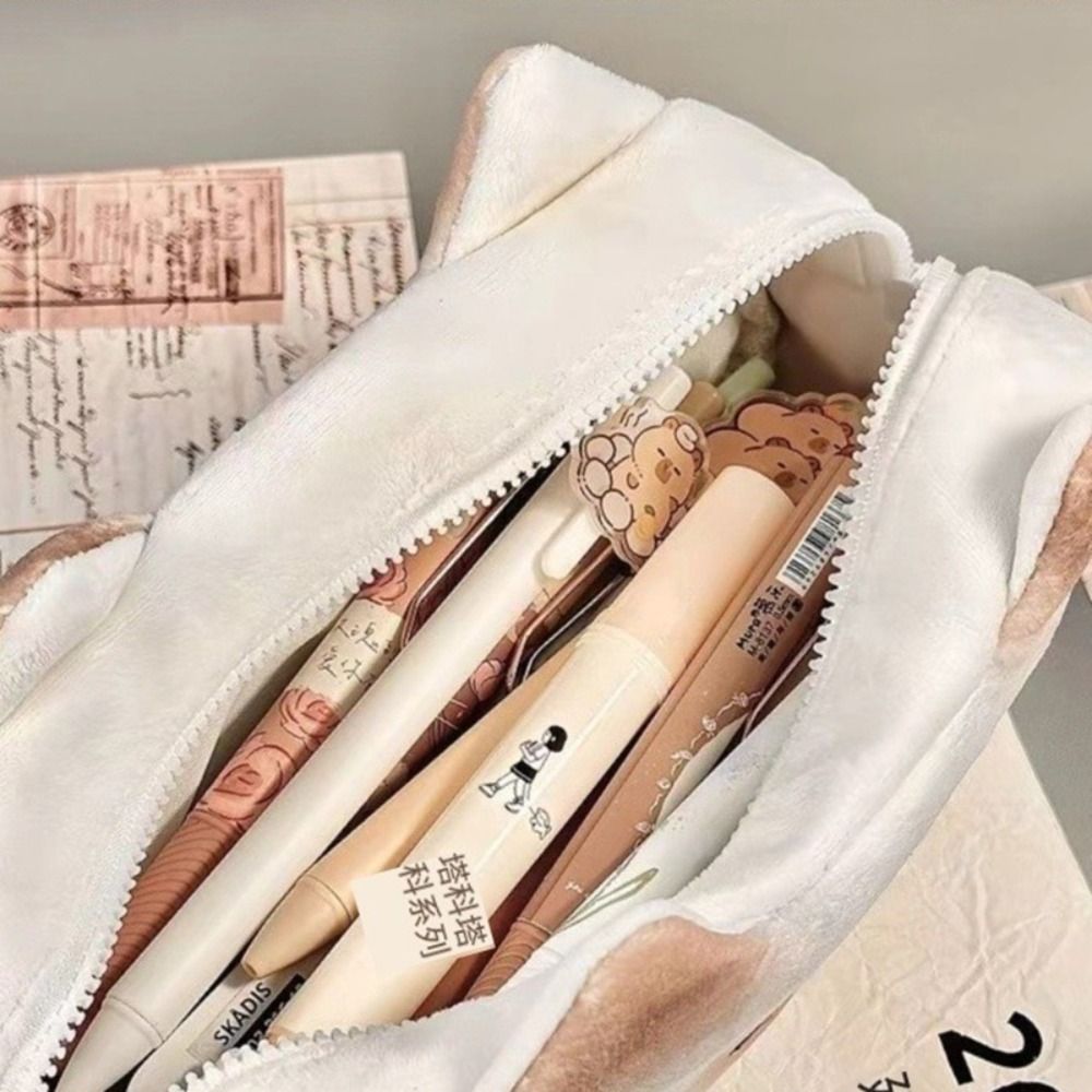 Cute French Toasted Pen Bag Plush Large Capacity Student Pencil Case Multi-function Funny Stationery Storage Bag Organizer