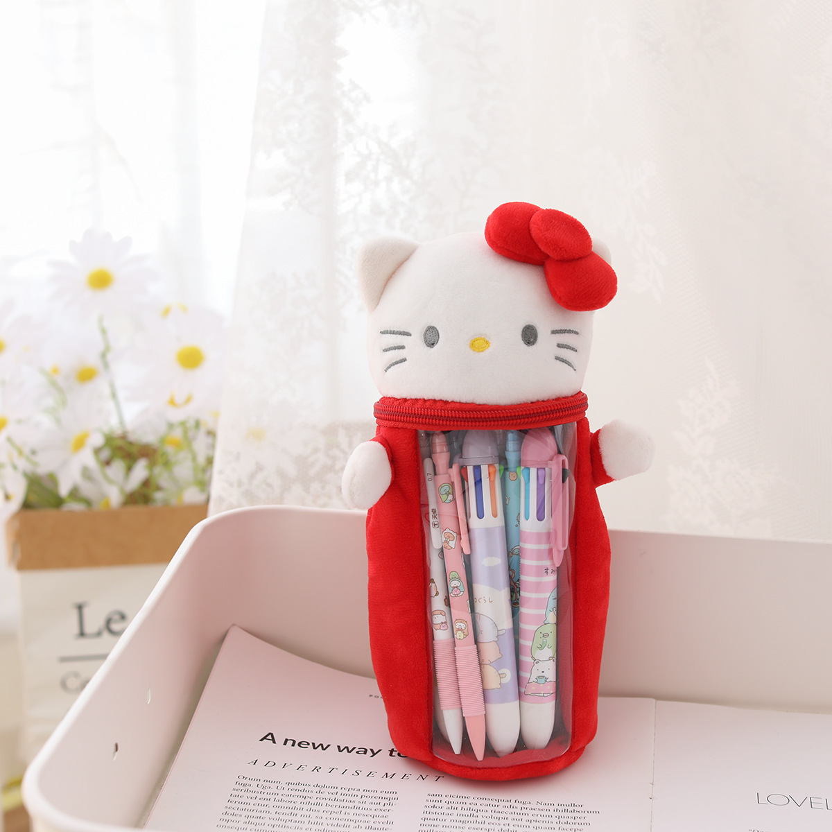 Kawaii Sanrio Plush Pencil Case Cartoon Kuromi Melody Cinnamoroll Plush Doll Cute Transparent Pen Holder Box Toys For Girls Gift