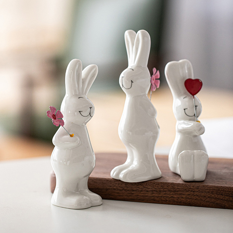 Rabbit Bunny Figurine Decor Ceramic Figurines Statue Easter Zodiac Year Sculpture Chinese Statues Mini Ornament New Ornaments