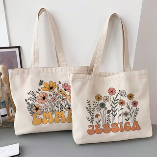 Personalized Flower with Name Tote Bag Women Canvas Shoulder Bags Monogram Shopping Bag Handbags Birthday Wedding Gifts For Her