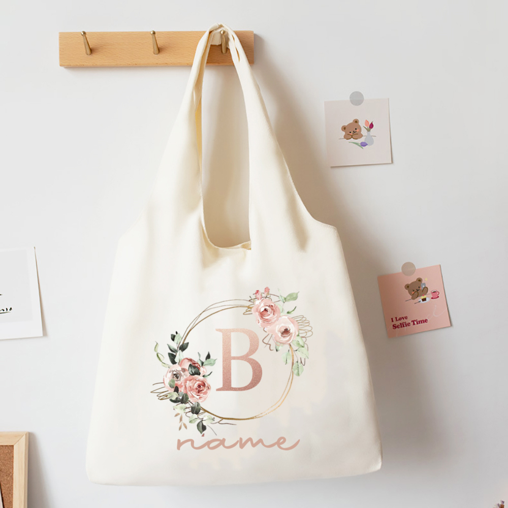 Custom Name Floral Alphabet Print Tote Bag Personalize Canvas Portable Large Capacity Handbags The Christmas Birthday Best Gifts