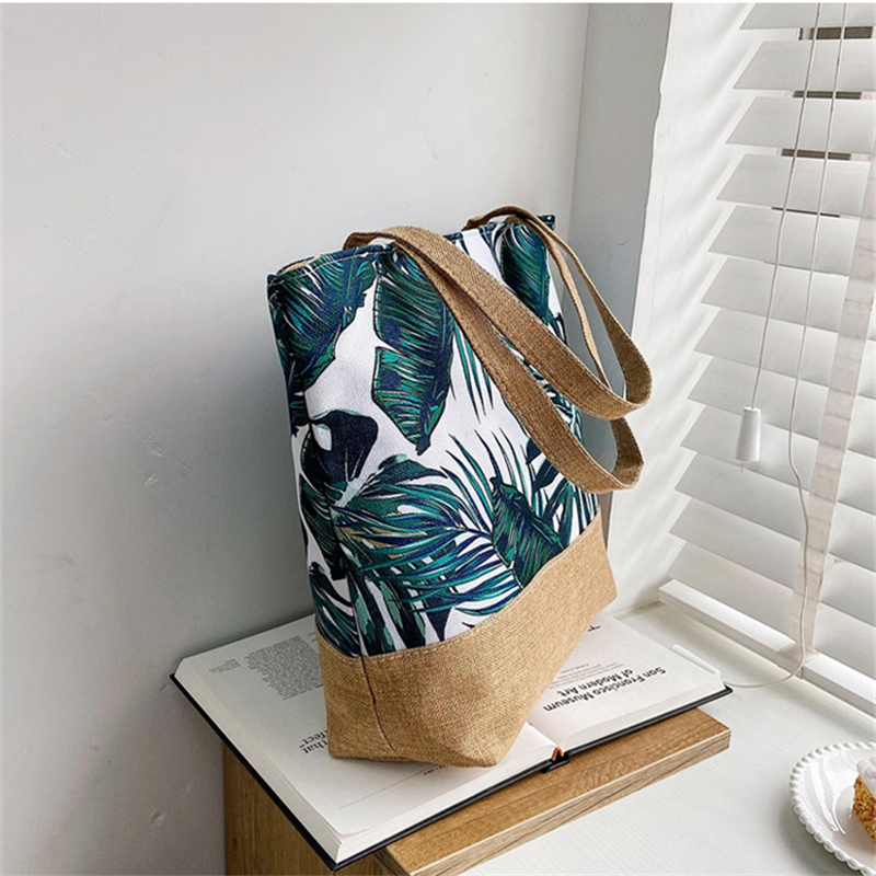 Women's Messenger Bag Leaves Printed Canvas Handbags Large Capacity Totes Fashion Ladies Portable Zipper Beach Shoulder Bag