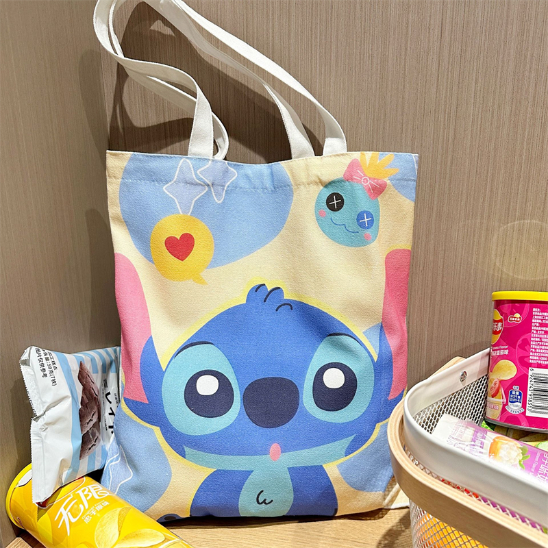 New Cartoon Canvas Shoulder Bags Cute Anime Stitch Angel Large Capacity Shopping Tote School Bags Gifts Girls