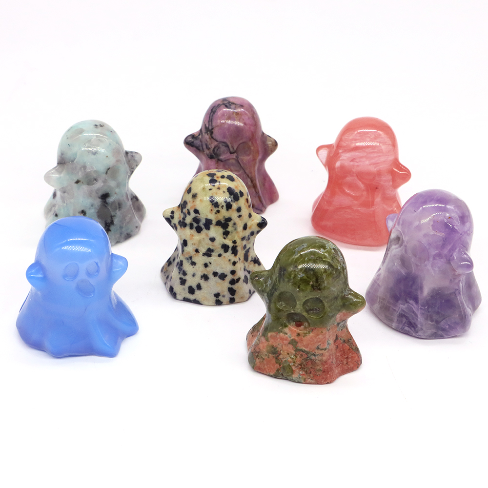 Natural Healing Crystals Stone Ghost Statue Reiki Energy Chakra Gemstone Quartz Animal Figurine, Home Halloween Decoration, 1.2"