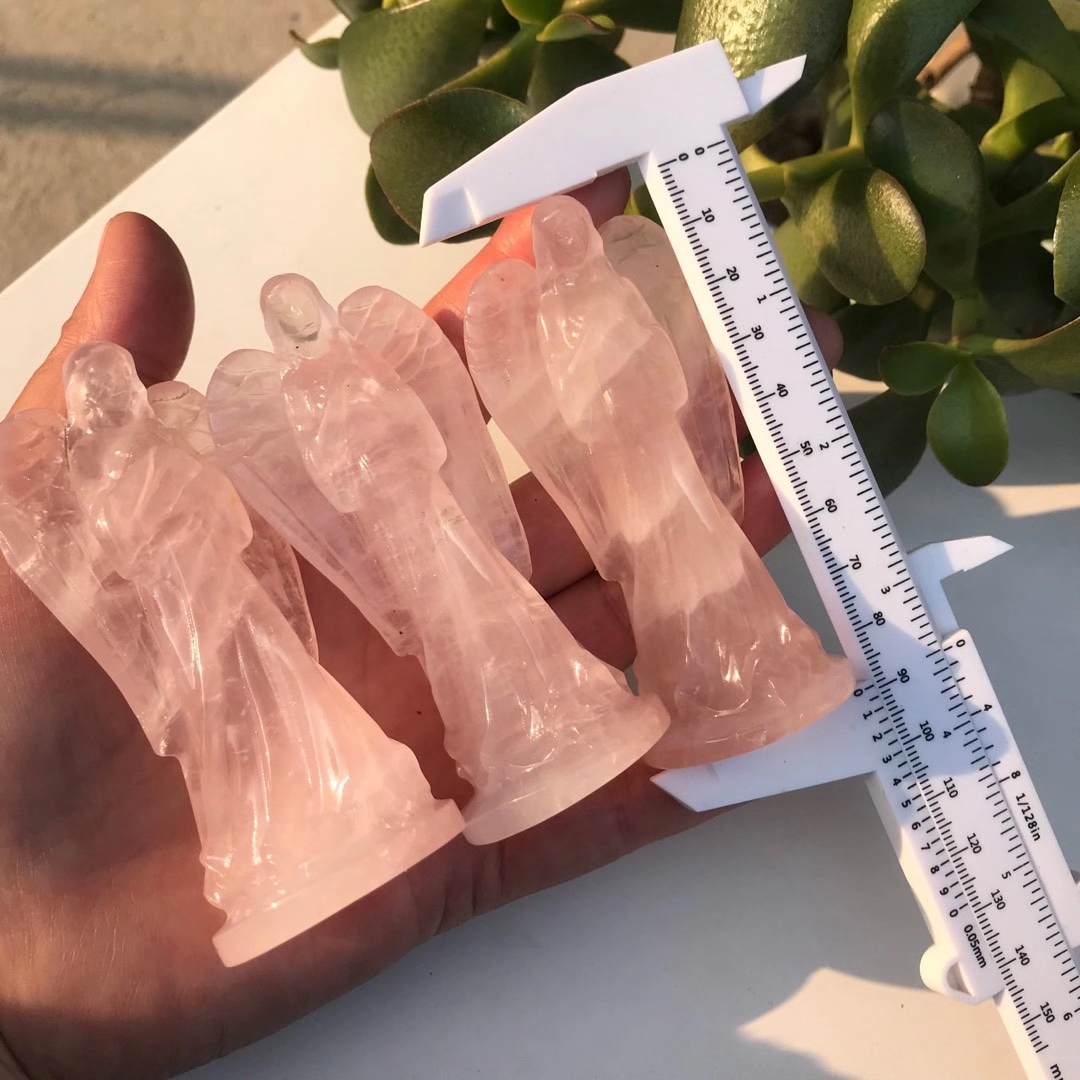 90mm Natural Pink Crystal Angel Statue Stone Carving Pink Crystal Reiki Healing Figurine Home Decoration Trinket Craft Gift 1pcs