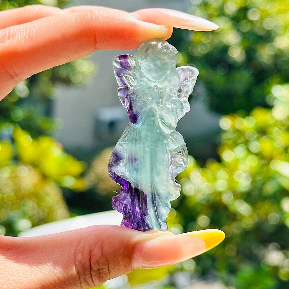 1PC Natural Crystal Rainbow Fluorite Angle Baby Anniversary Children Gift Suprise Carving Polished Energy Wholesale Reiki