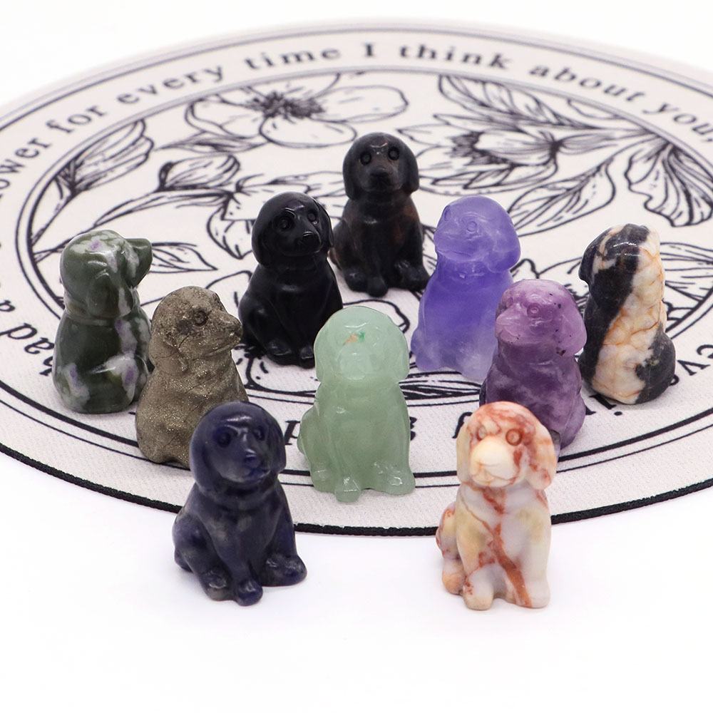1.2Inch Mini Gemstones Dog Statue Natural Healing Crystal Mineral Animal Figurine Stone Carving Ornament Energy Carft Home Deco