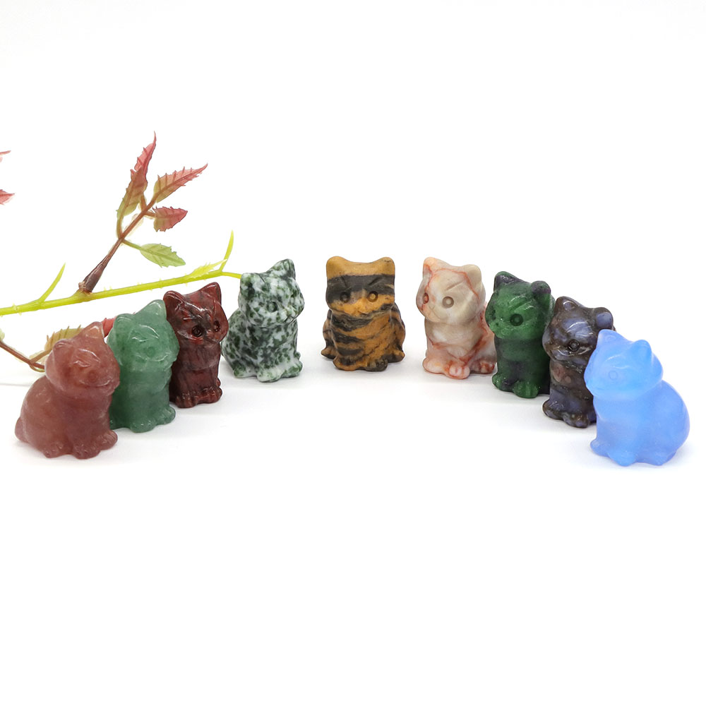 1.2" Cute Cat Statue Natural Stone Crystal Hand Carved Healing Animal Figurine Reiki Gemstone Craft Home Decoration Holiday Gift