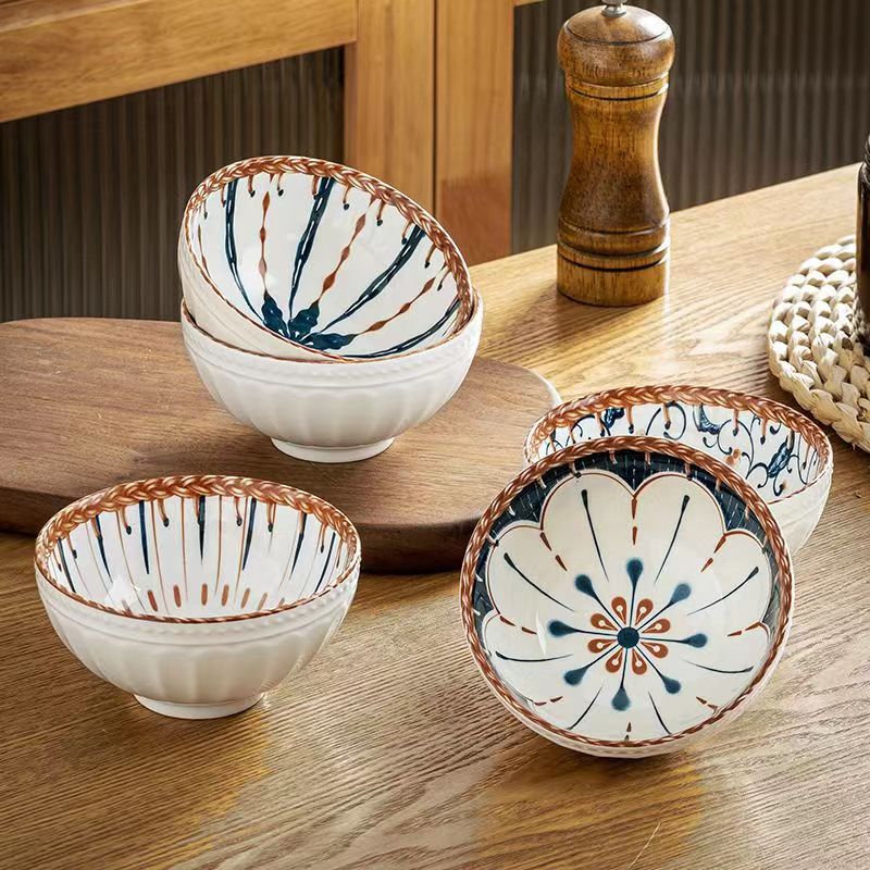 Japanese Retro Household Noodle Bowl Ceramic Bowl Print Embossed Anti-scalding Bowl Pasta Bowl Kitchen Tableware Microwave Oven