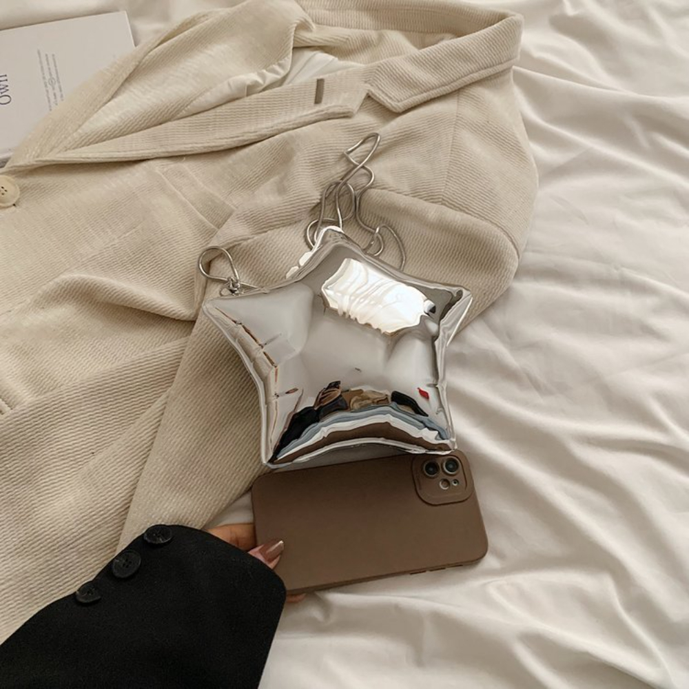 1Pc Nice Design Gold And Silver Chain Women's Evening Bags 2024 New Bright Face Five Pointed Star Shoulder Bag Funny Party Bag