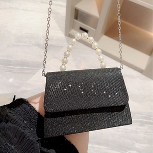 Gold Bright Silk Evening Bag Women Elegant Fashion Banquet Clutch Pearl Chain Shoulder Bags Luxury Purse Female Wedding Handbags