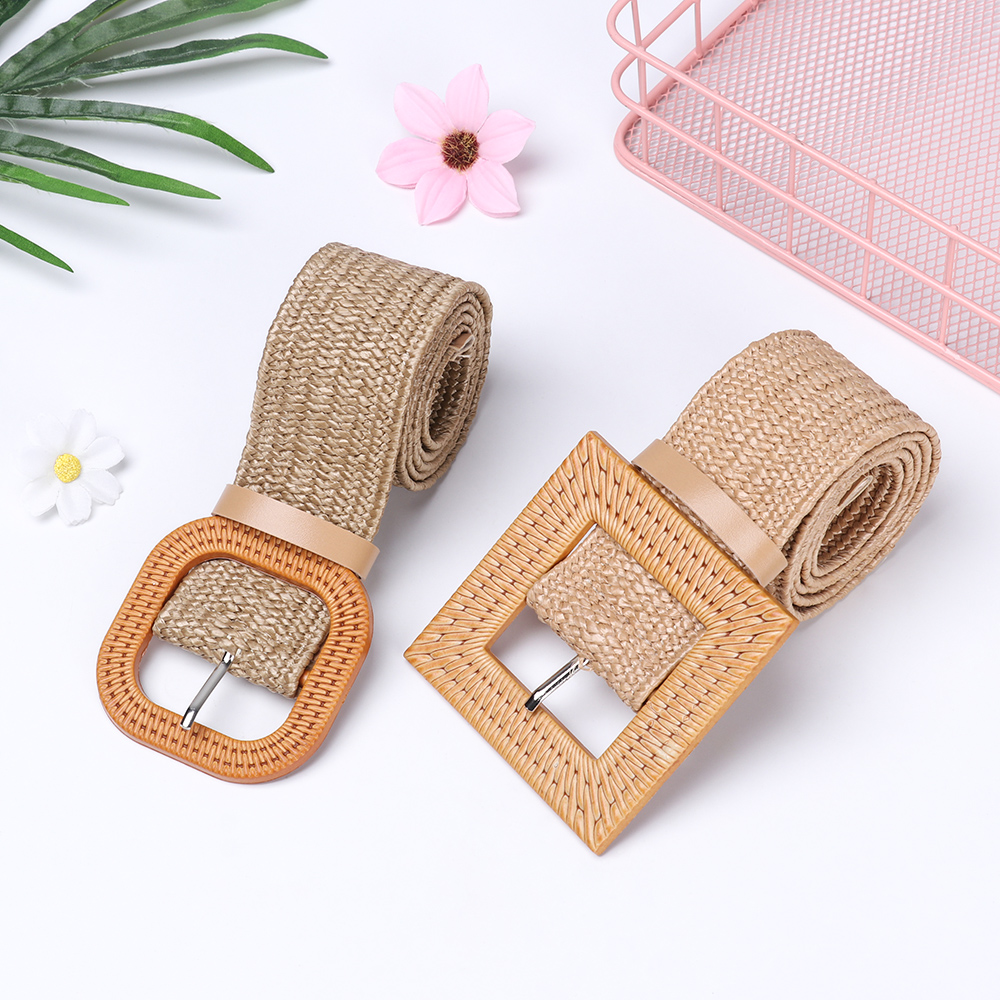 1Pc PP Straw Wide Wooden Buckle Straw Belt Casual Elastic Waist Chain Jade Clasp Belly Necklace Fashion Body Jewelry Accessories