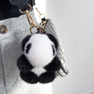 Women Bag Charm Trinkets Car Metal Key Rings Rear View Mirror Ornaments Cute Real Mink Fur Keychain Plush Panda Pendant Kids Toy