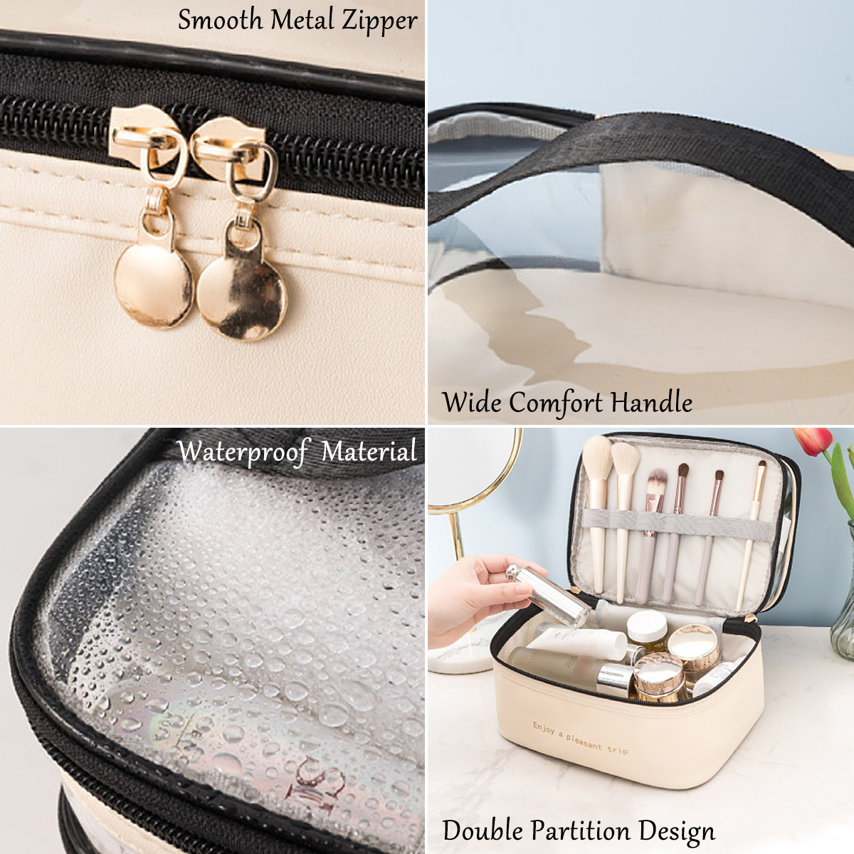 Double Layer PU Cosmetic Bag Large Capacity Portable Storage Bag Waterproof Travel Toiletry Bag