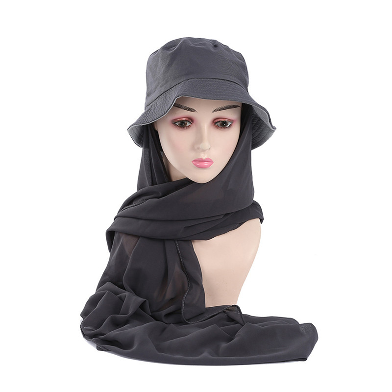 New Muslim Women Bucket Hat With Chiffon Hijabs Summer Sports Cap With Hijab Ready To Wear Instant Hijab Islam Headscarf