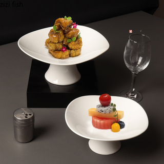 Pure White Simple Ceramic Main Dish Plate Hotel Restaurant Kitchen Special Tableware Creative High-foot Fruit Salad Plate