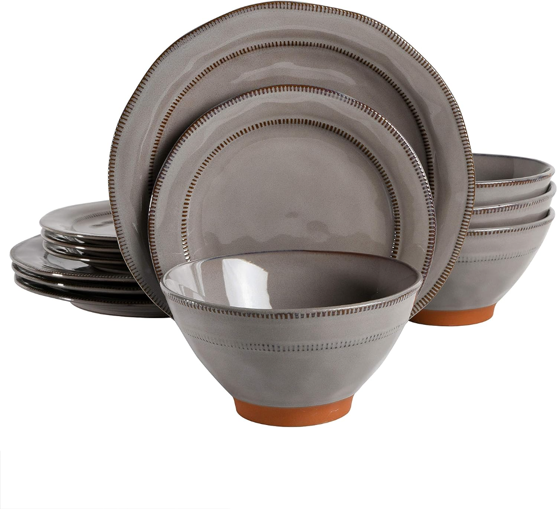 Round Reactive Glaze Terra Cotta Dinnerware Set, Service for Four (12pcs), Grey