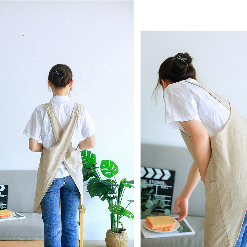 Women Cotton Linen Cross Back Apron Japanese Housework Baking Wrap Korean Florist Dress Solid Color Garden Kichen Apron