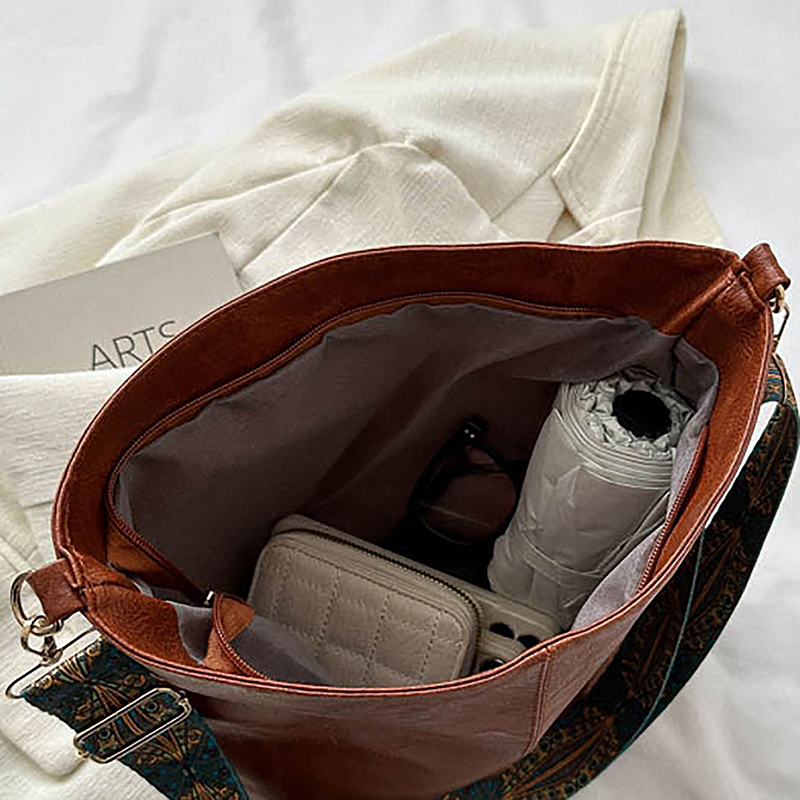 Vintage Solid Color Women Fashion Shoulder Sling Bag High-Capacity Simple Wide Strap Bucket Crossbody Bag