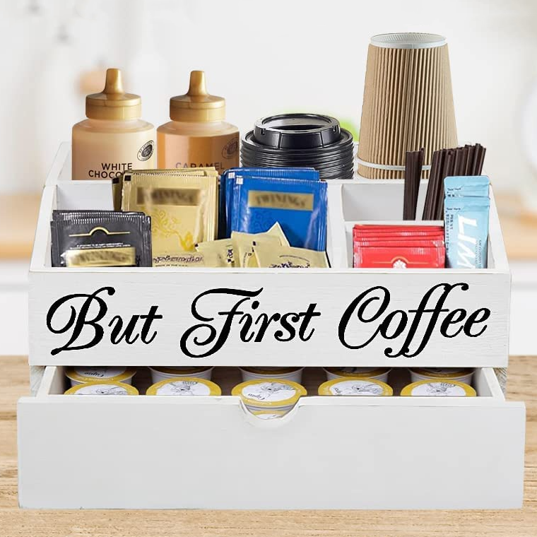 Wholesale White Coffee Bar Station Coffee And Tea Organizer Wood Coffee Pod Holder With Drawer