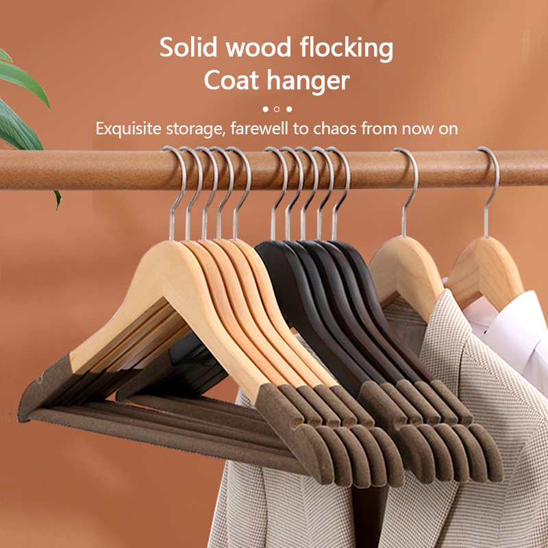 Wooden Clothes Hangers Manufacturer Clothing Store Anti-Slip Solid Wood Flocking Hanger Hotel Clothes Rack Velvet Wood Hangers